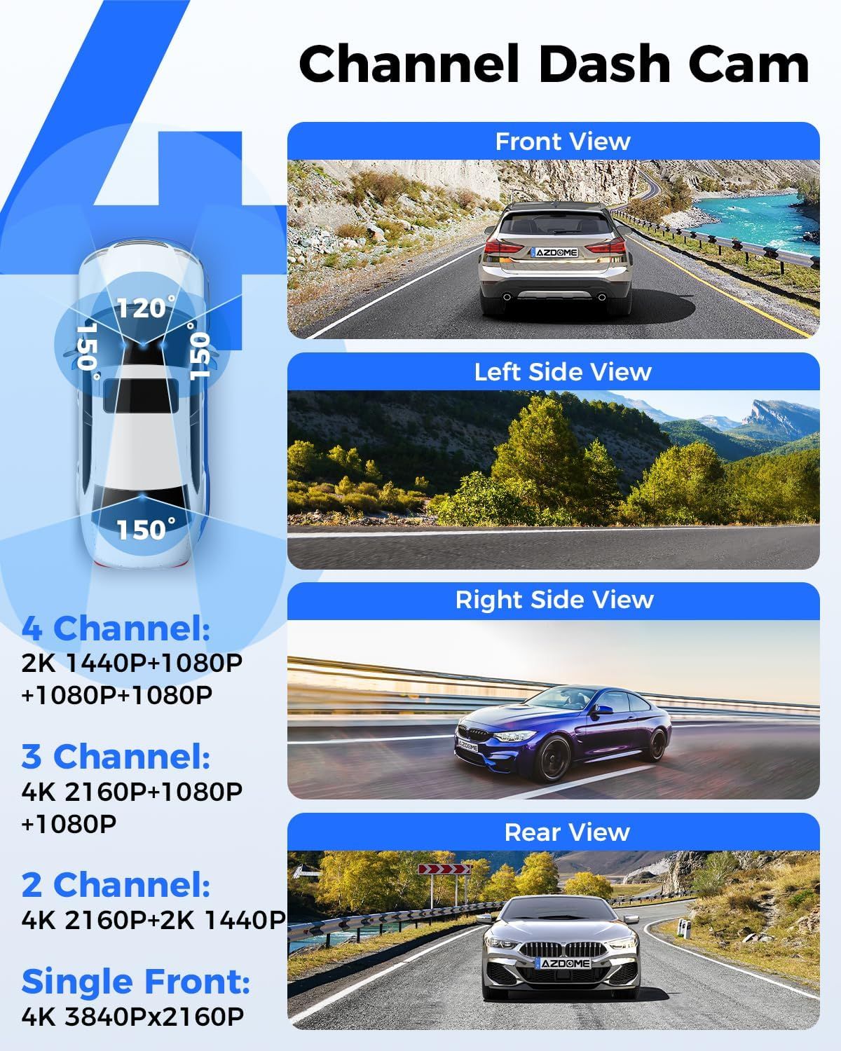 AZDOME M660 360° 4-Channel Dash Cam – 2K Front, 1080P Rear/Inside/Left/Right, Built-in 128GB eMMC, 5G WiFi, Voice Control, 4 Adjustable Lenses, IR Night Vision