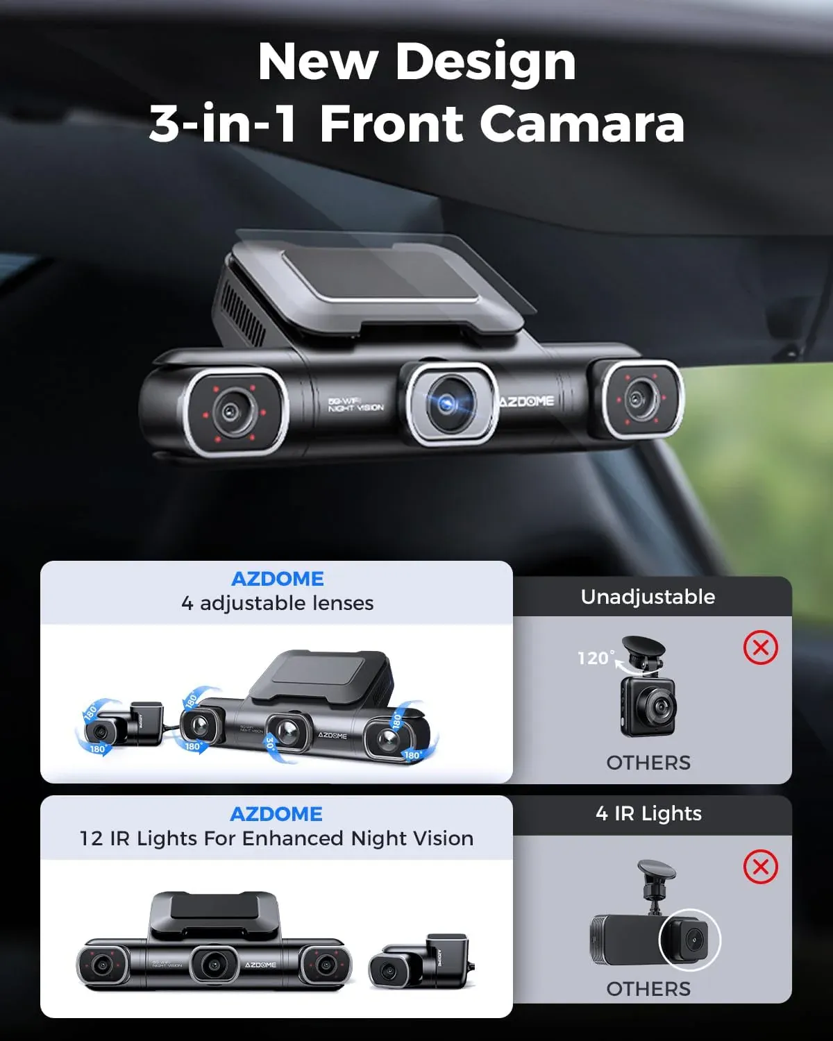 AZDOME M660 360° 4-Channel Dash Cam – 2K Front, 1080P Rear/Inside/Left/Right, Built-in 128GB eMMC, 5G WiFi, Voice Control, 4 Adjustable Lenses, IR Night Vision