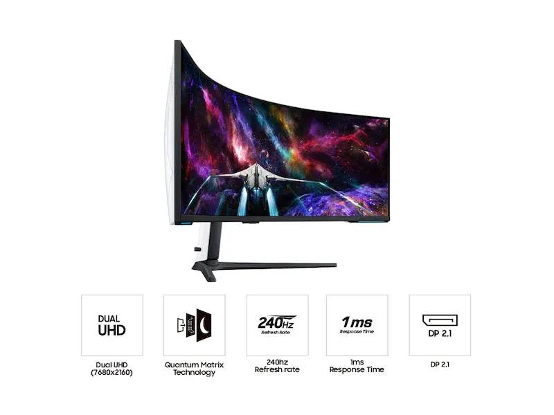 عرض خاص لفترة محدودة Samsung 57″ Odyssey Neo G9 – Dual UHD 7680×2160, 240 Hz, 1 ms, Quantum Mini-LED, 1000R Curve, HDR1000, DP 2.1 / HDMI 2.1
