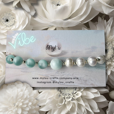 Bracelet ~ Moonstone bleu &amp; Perles d’eau douce