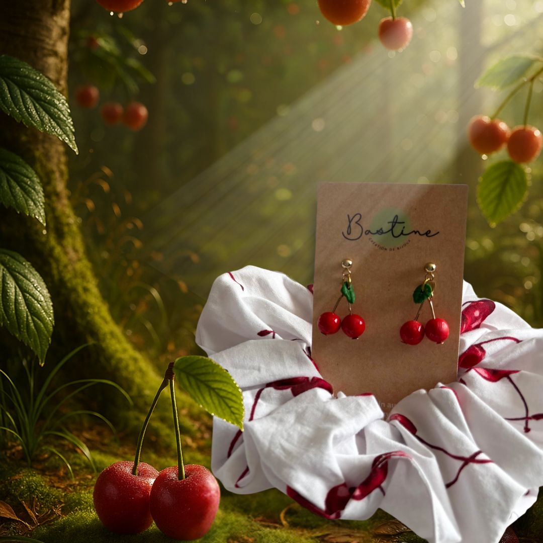 ) Cherry on Top DUO 🍒 ~ Earrings &amp; Scrunchie (jumbo)