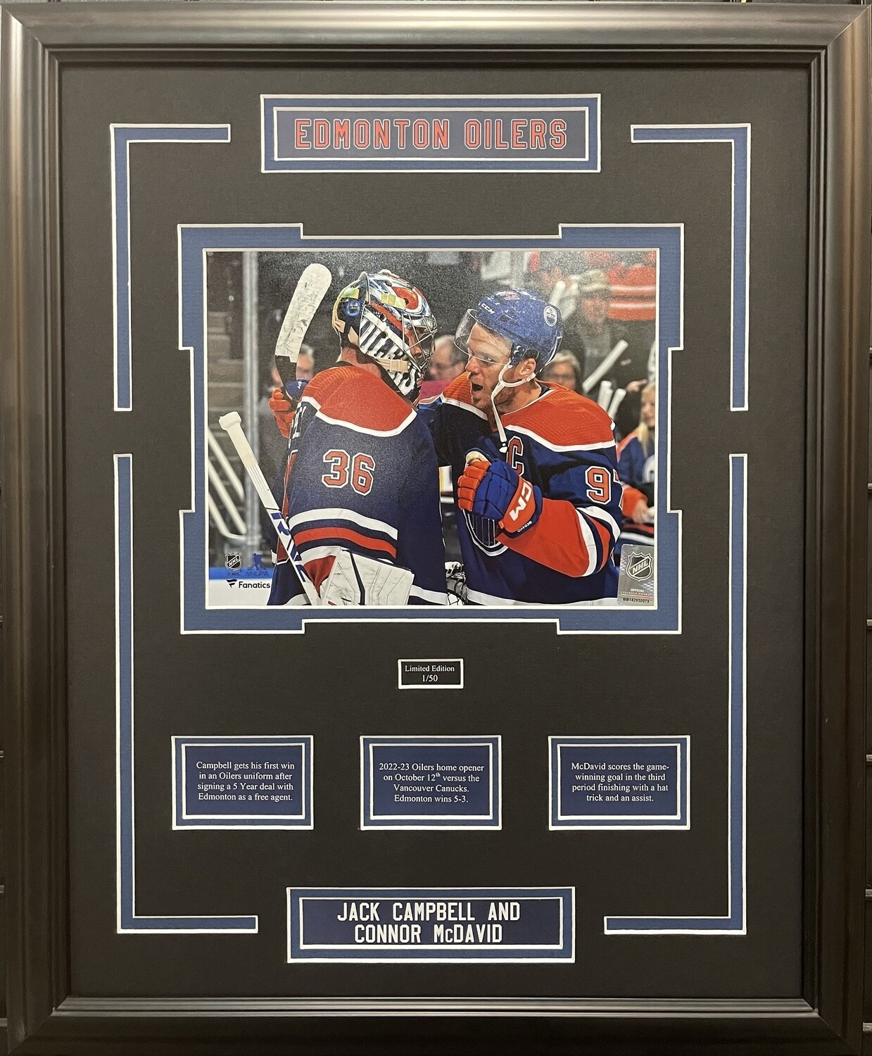 CONNOR MCDAVID &amp; JACK CAMPBELL - LIMITED EDITION 16X20 FRAME #/50 EDMONTON OILERS
