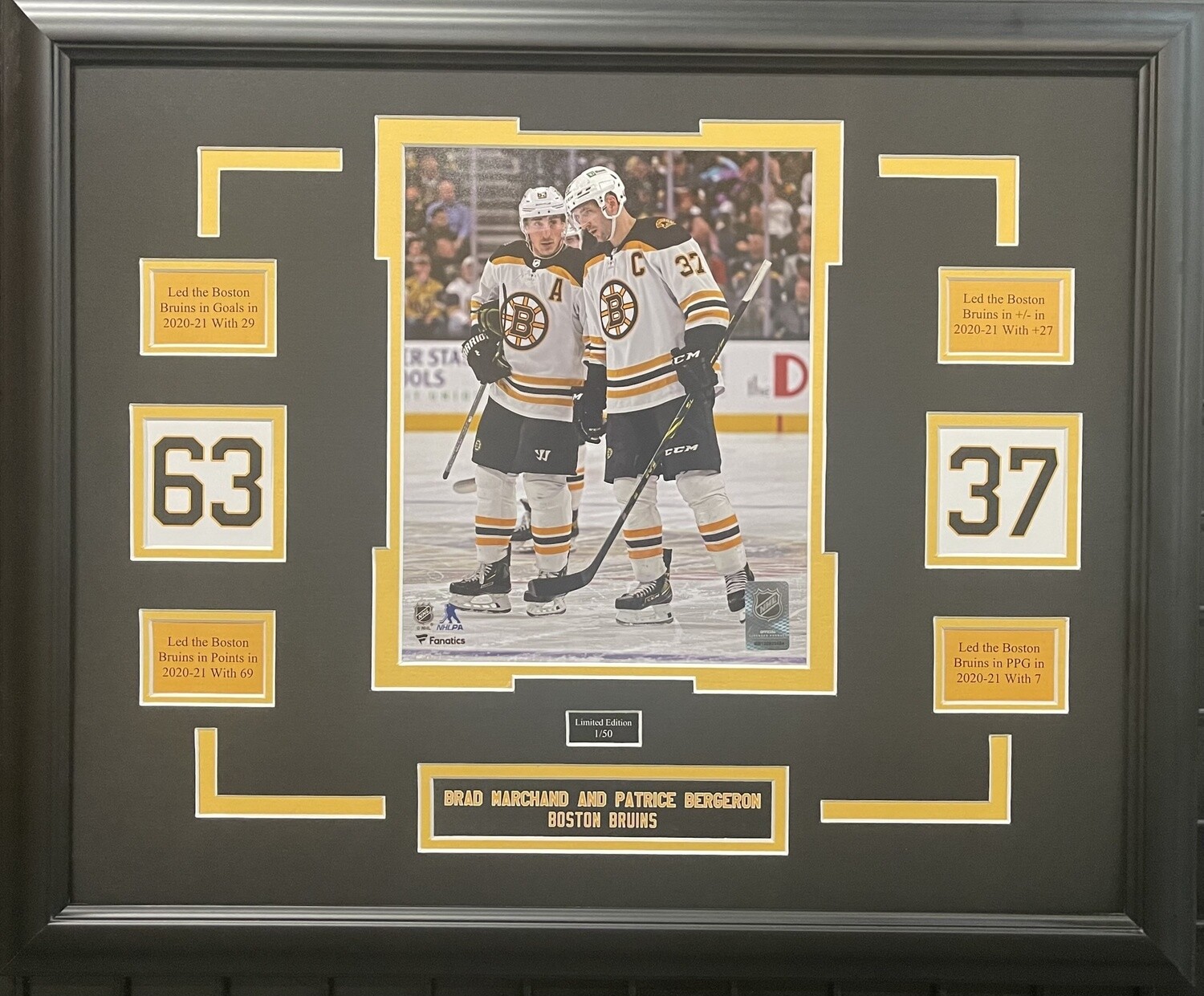 PATRICE BERGERON &amp; BRAD MARCHAND - LIMITED EDITION 16X20 FRAME #/50 BOSTON BRUINS