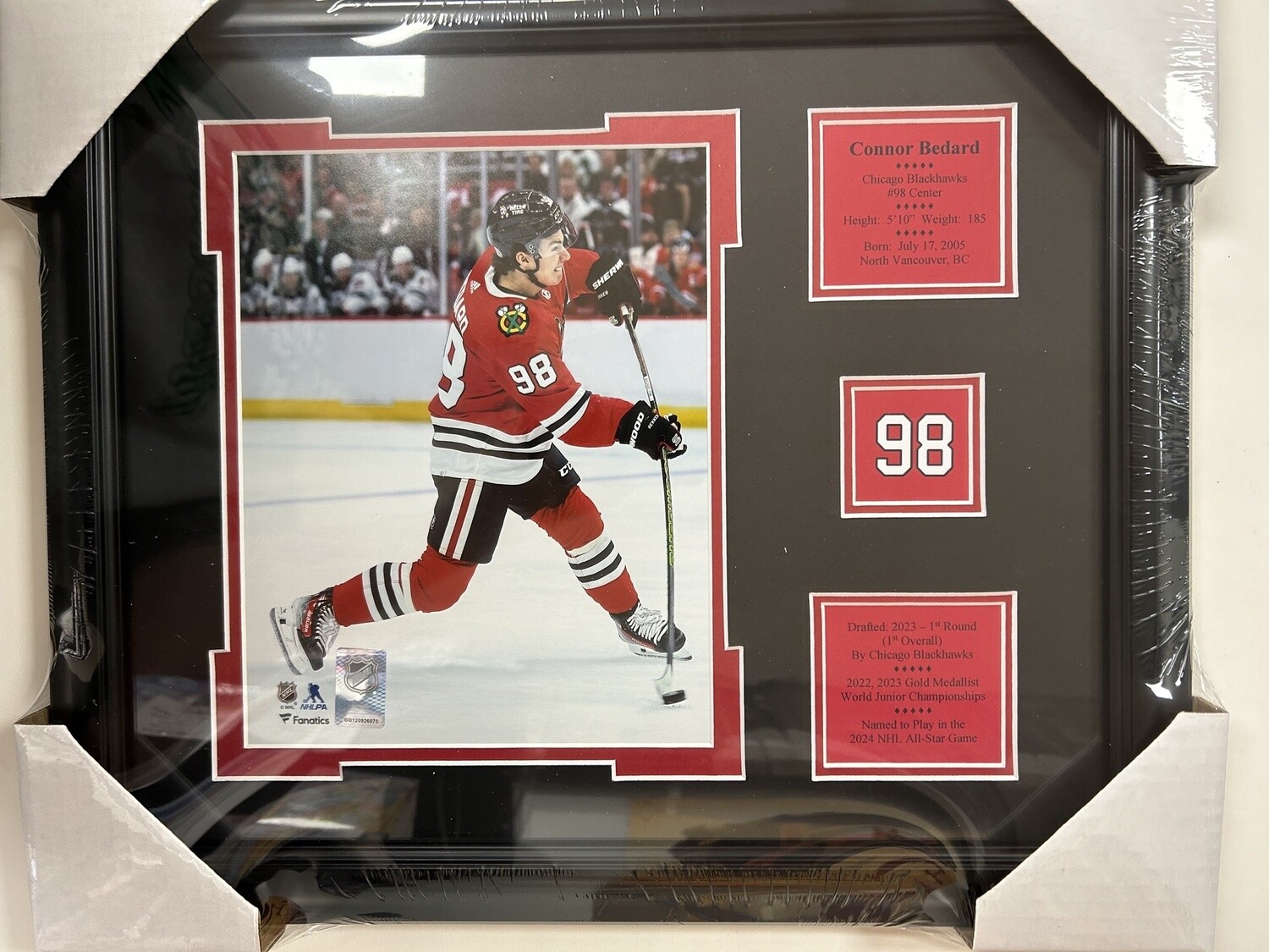 CONNOR BEDARD 8X10 PHOTO 13X16 FRAME - CHICAGO BLACKHAWKS