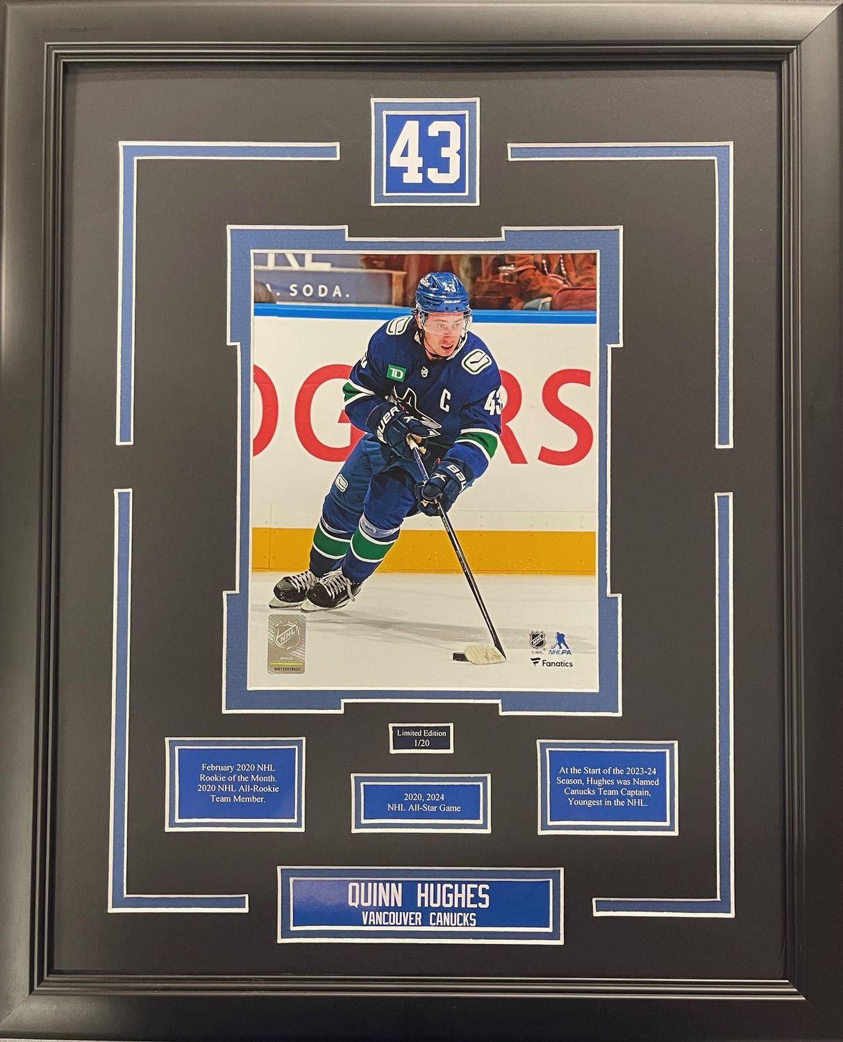 QUINN HUGHES - LIMITED EDITION 16X20 FRAME #/20 VANCOUVER CANUCKS