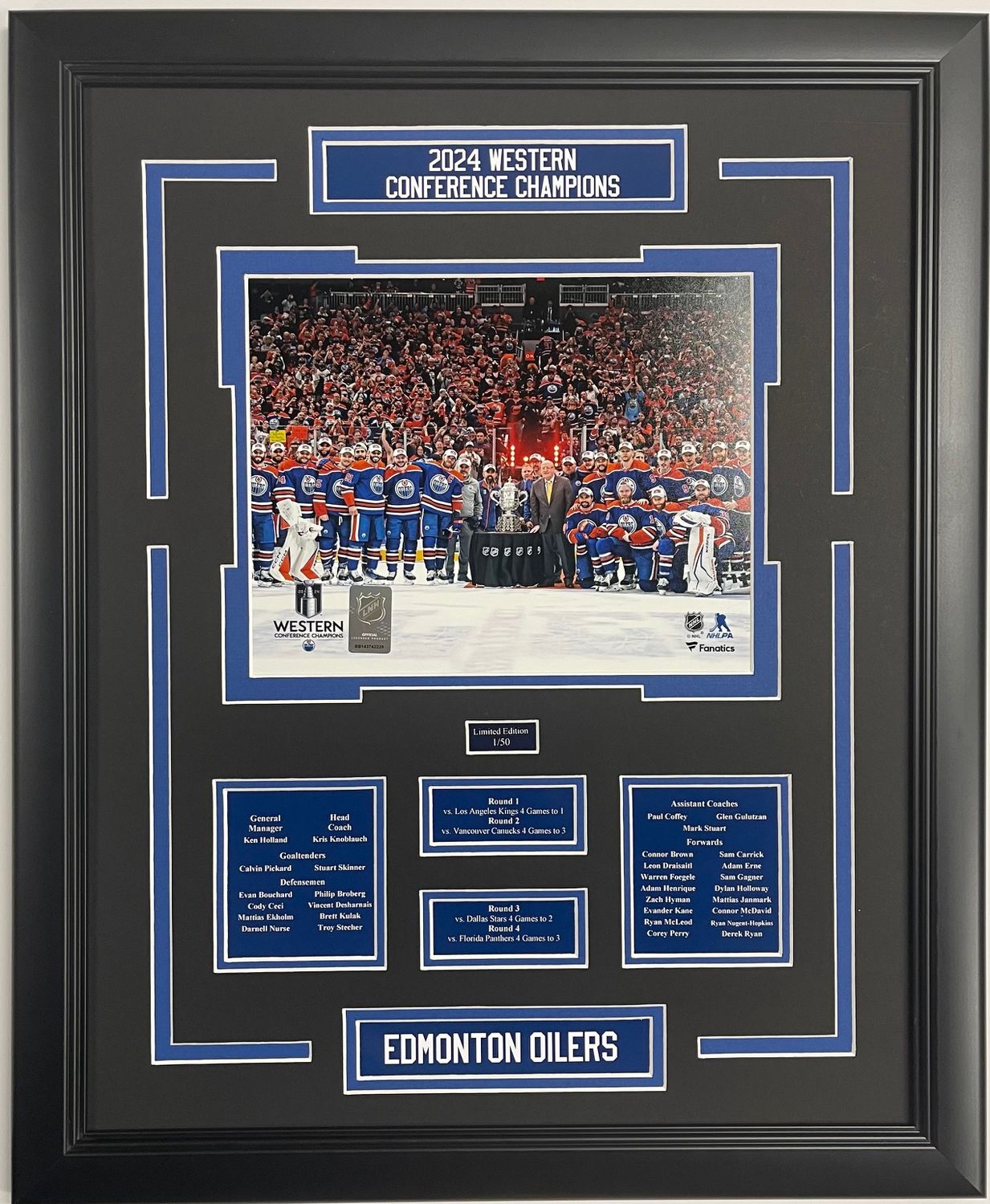 2024 WESTERN CONFERENCE CHAMPIONS - EDMONTON OILERS LIMITED EDITION #/50 16X20 FRAME