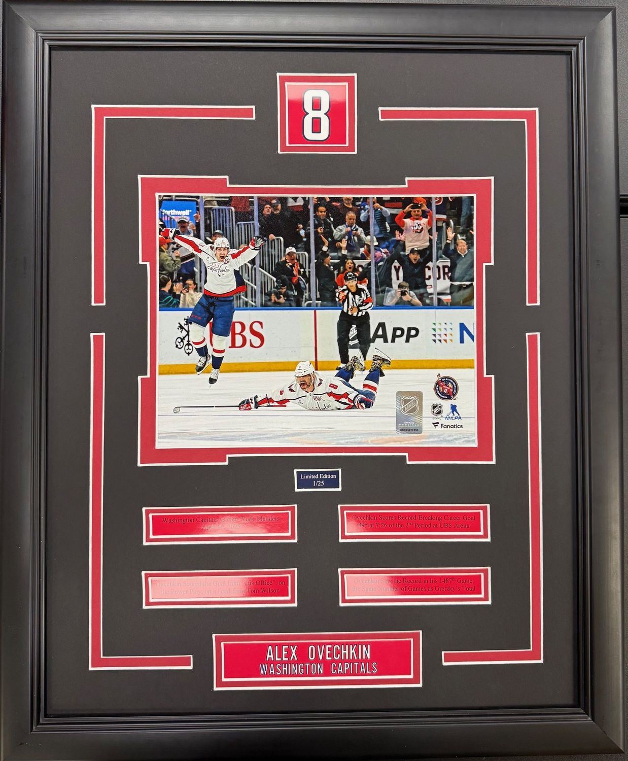 ALEX OVECHKIN 895 SLIDING - LIMITED EDITION 16X20 FRAME #/25 - WASHINGTON CAPITALS