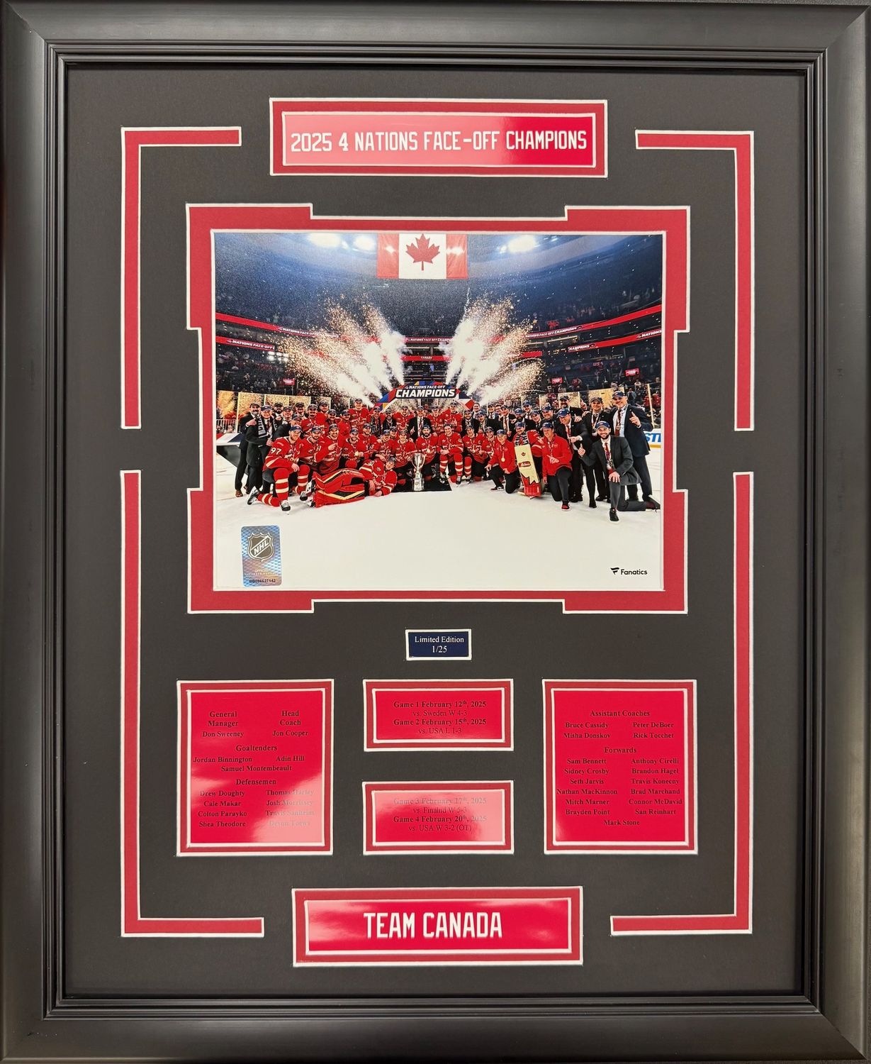 TEAM CANADA 4 NATIONS FACE-OFF CHAMPIONS - LIMITED EDITION 16X20 FRAME #25