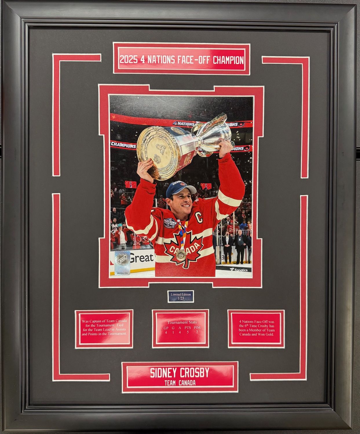 SIDNEY CROSBY - LIMITED EDITION 16X20 FRAME #/25 - TEAM CANADA 4 NATIONS FACE-OFF CHAMPIONS