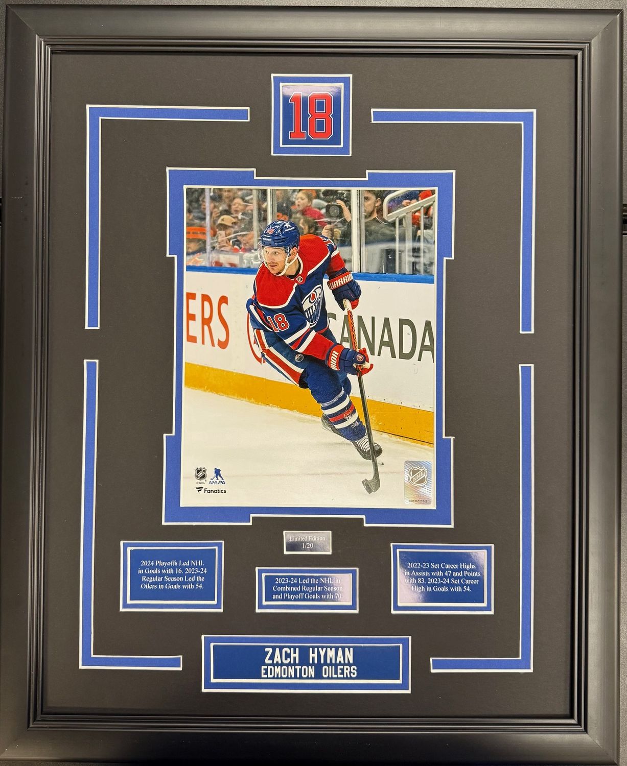 ZACH HYMAN - LIMITED EDITION 16X20 FRAME #/20 EDMONTON OILERS