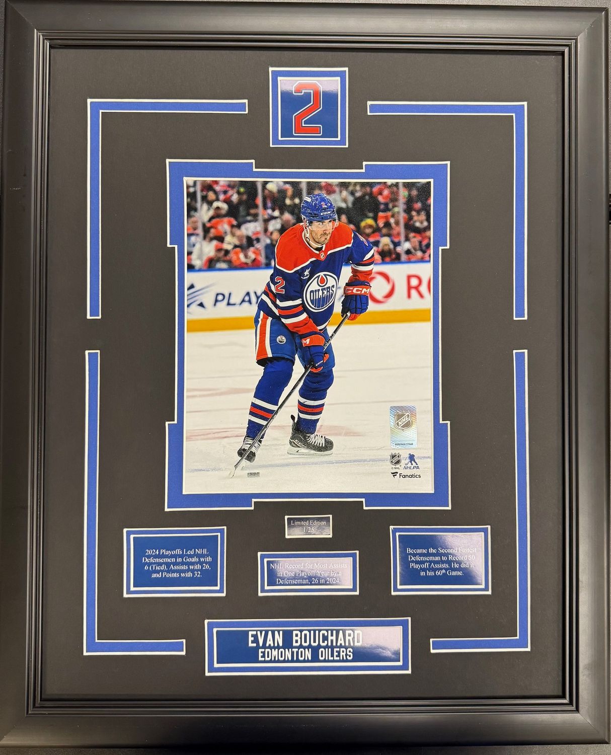 EVAN BOUCHARD (BLUE JERSEY) - LIMITED EDITION 16X20 FRAME #/25 EDMONTON OILERS