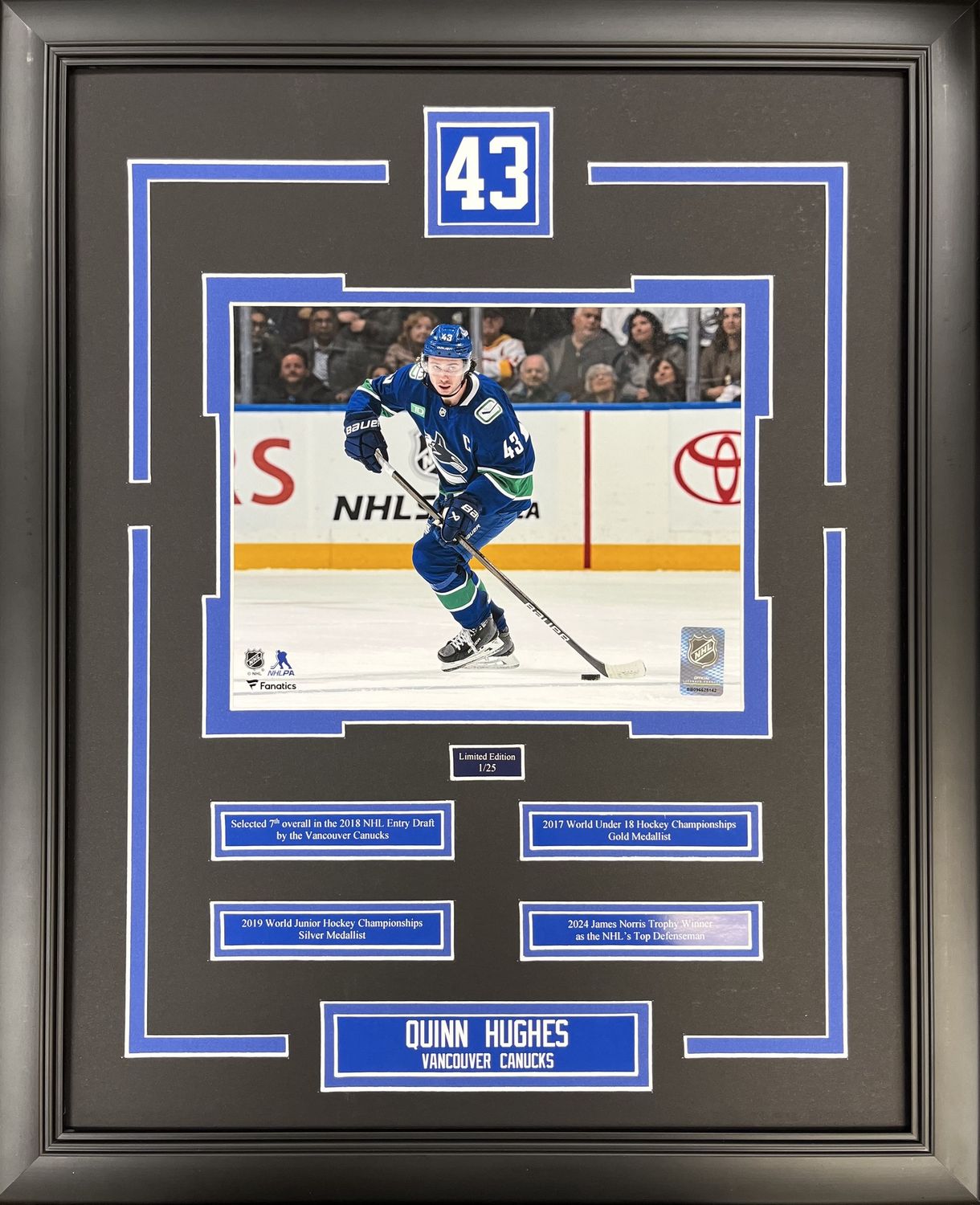 QUINN HUGHES - LIMITED EDITION 16X20 FRAME #/25 VANCOUVER CANUCKS HOR PHOTO