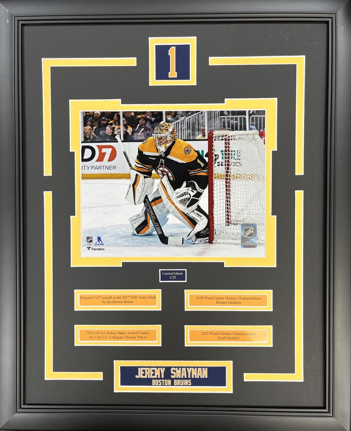 JEREMY SWAYMAN - LIMITED EDITION 16X20 FRAME #/25 BOSTON BRUINS HOR PHOTO