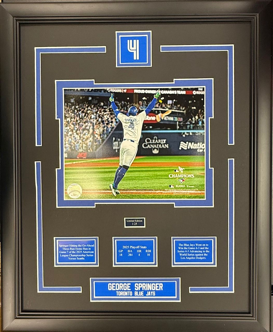 GEORGE SPRINGER GAME 7 HOME RUN - LIMITED EDITION 16X20 FRAME #/25 TORONTO BLUE JAYS