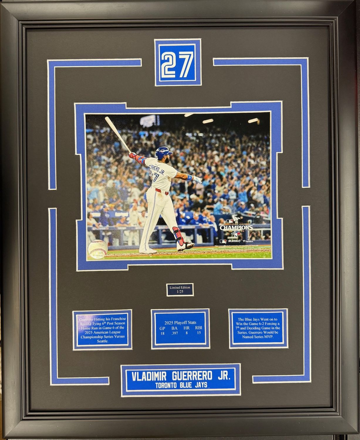 VLADIMIR GUERRERO JR 6TH POST SEASON HR - LIMITED EDITION 16X20 FRAME #/25 TORONTO BLUE JAYS