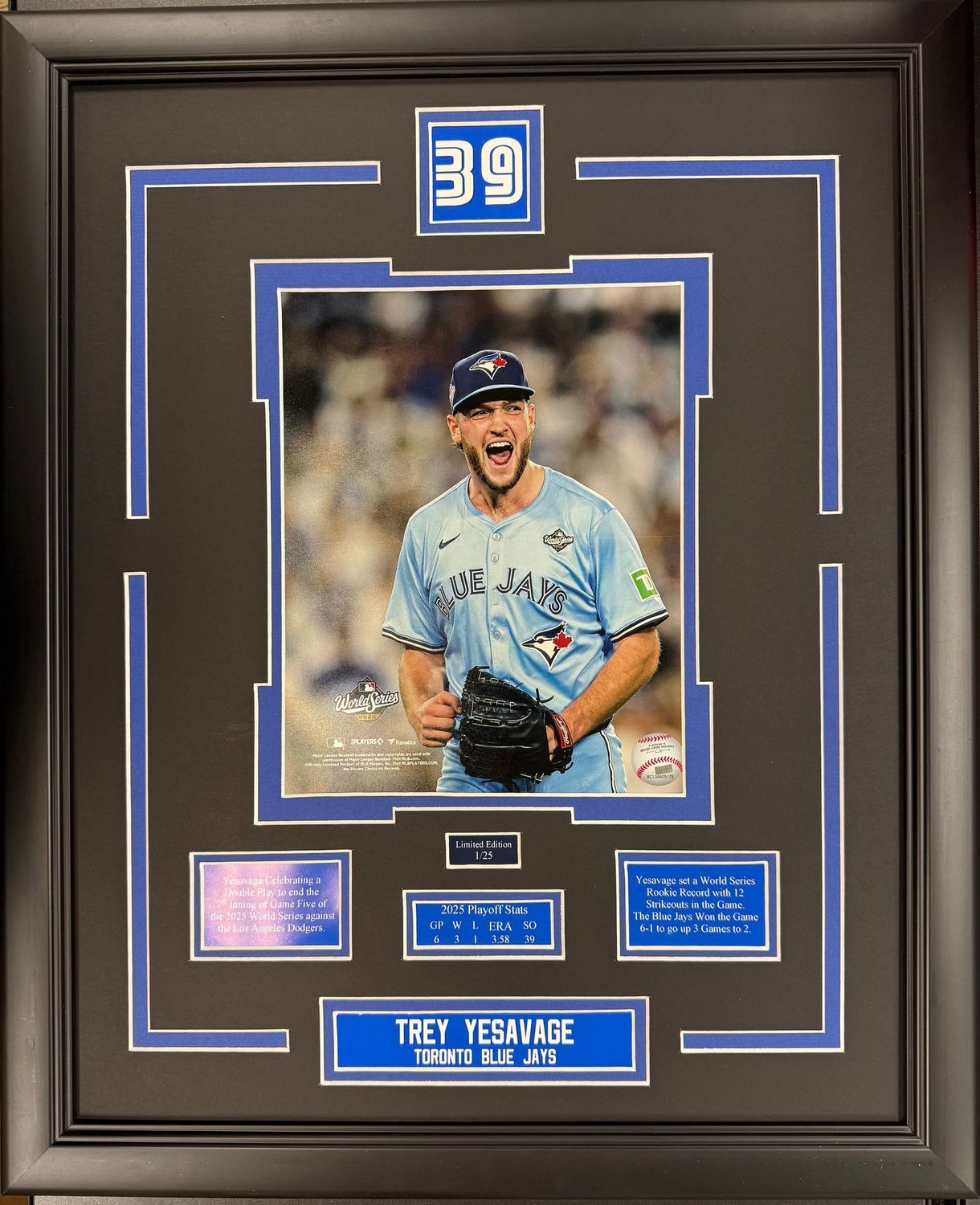 TREY YESAVAGE - LIMITED EDITION 16X20 FRAME #/25 TORONTO BLUE JAYS
