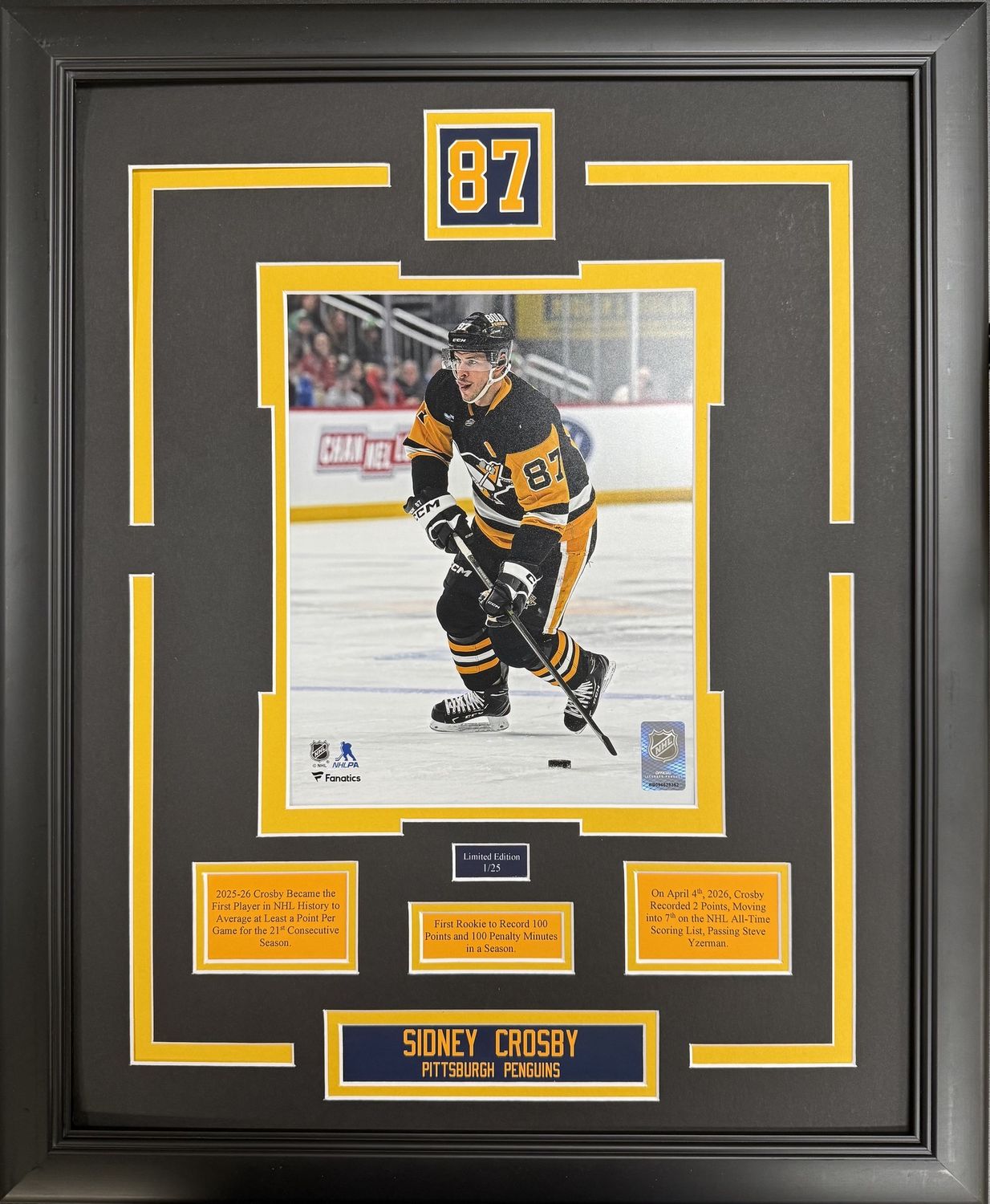SIDNEY CROSBY - LIMITED EDITION 16X20 FRAME #/25 PITTSBURGH PENGUINS
