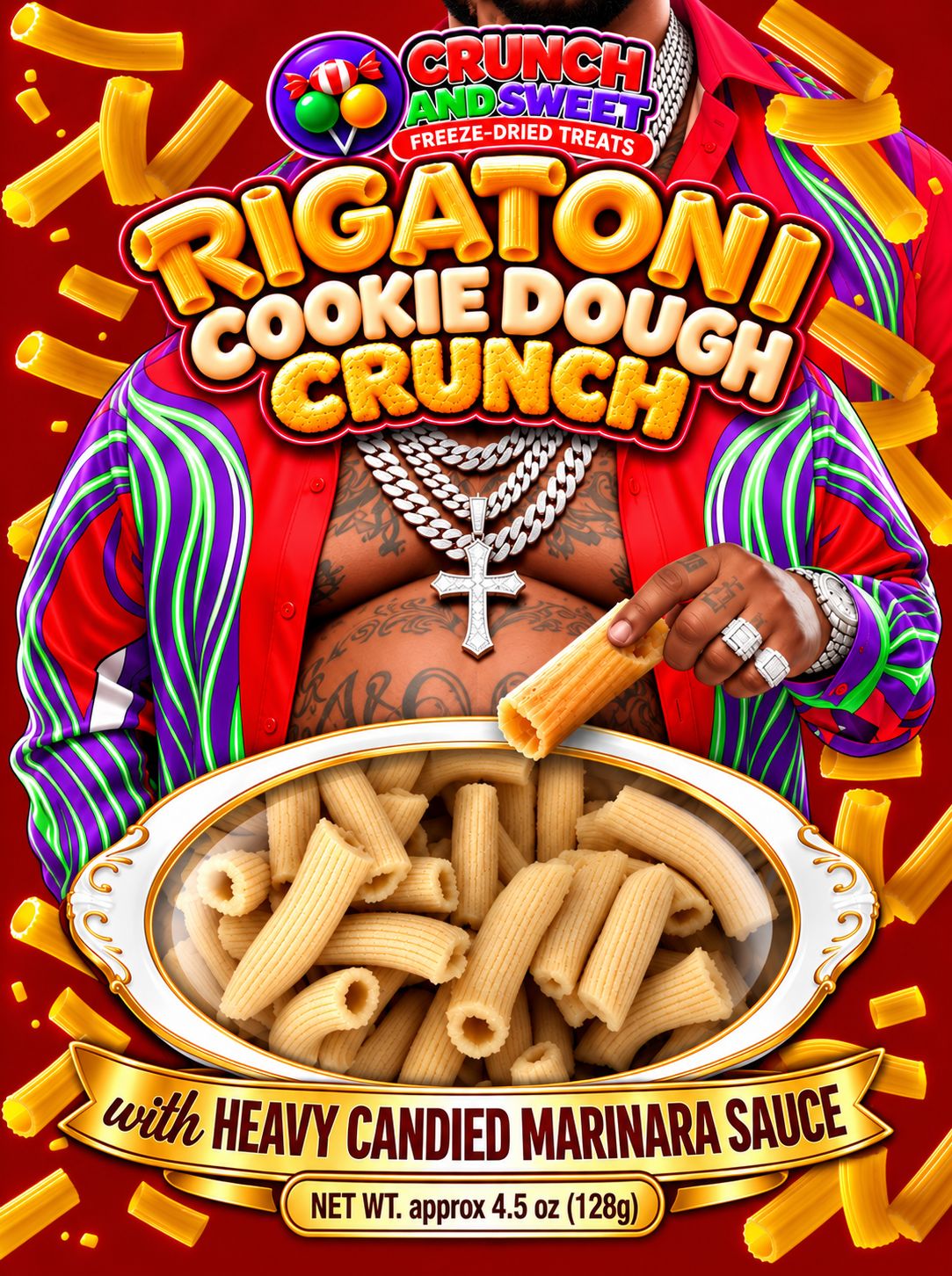 RIGATONI COOKIE DOUGH CRUNCH WITH HEAVY CANDIED MARINARA SAUCE