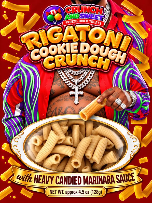 RIGATONI COOKIE DOUGH CRUNCH WITH HEAVY CANDIED MARINARA SAUCE