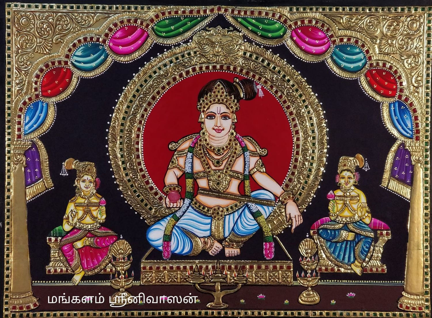 SRI POORNA PUSHKALAI MAHA SASTHA Tanjore painting