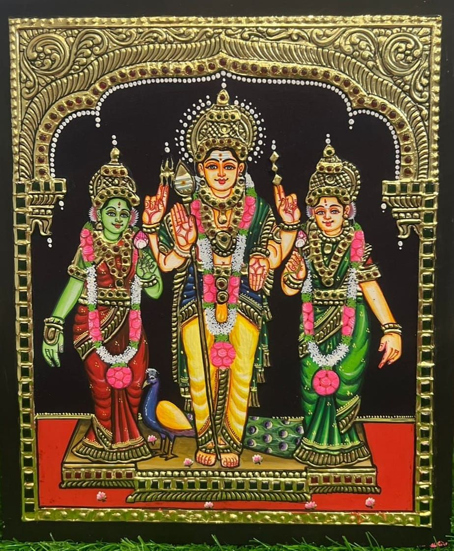 Murugan Valli Devasena Tanjore Painting 12 inches by 10 inches - Frame size extra