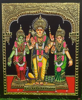 Murugan Valli Devasena Tanjore Painting 12 inches by 10 inches - Frame size extra