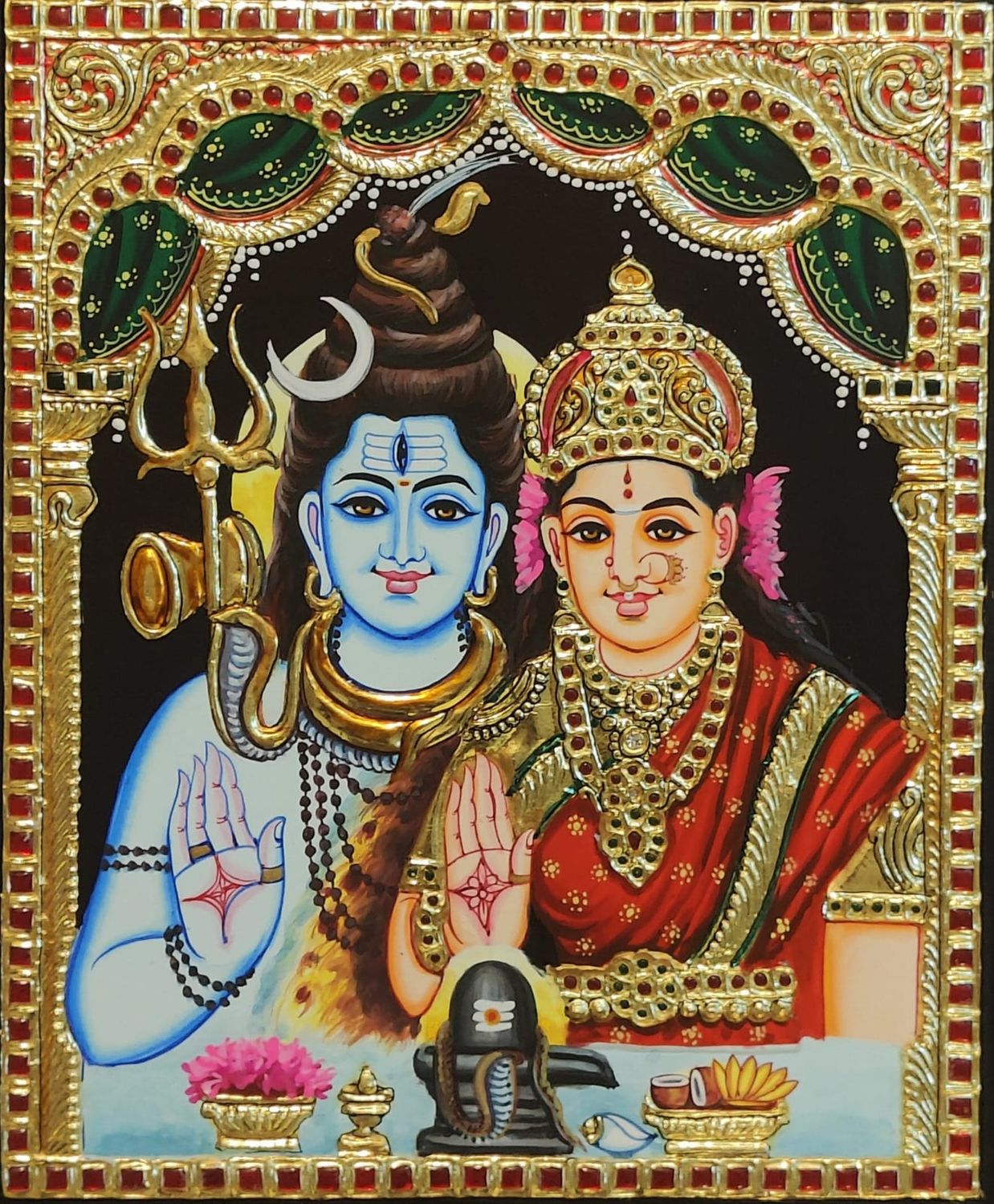 Shiva Parvathy Tanjore Painting 12 inches by 10 inches - Frame size extra