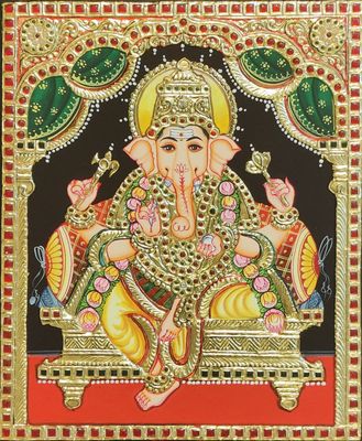 Ganesha Tanjore Painting 12 inches by 10 inches - Frame size extra