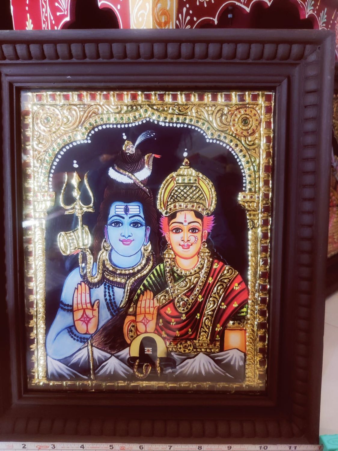 Shiva Parvathy Tanjore Painting 12 inches by 10 inches - Frame size extra