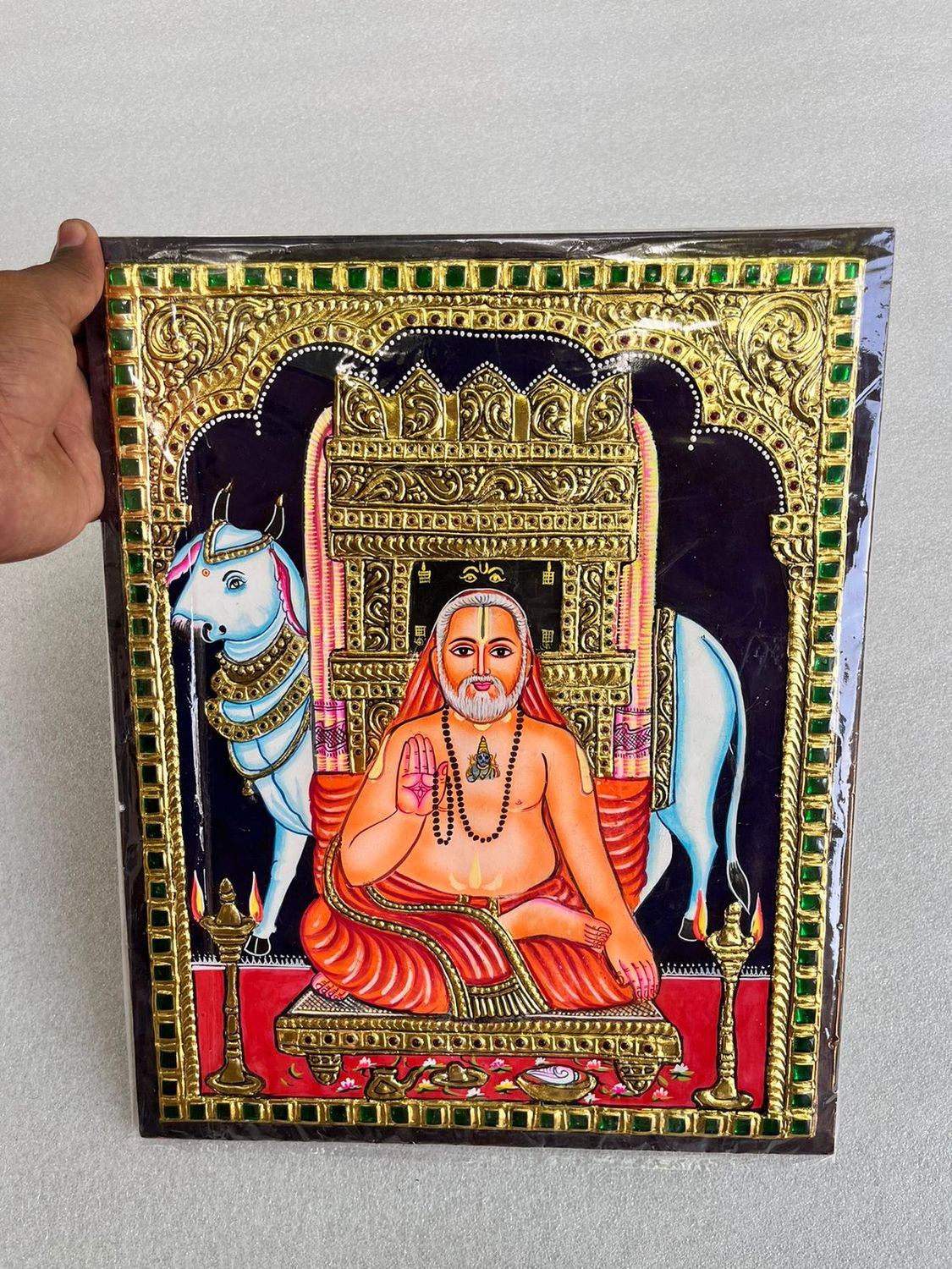 Ragavendra Tanjore Painting 12 inches by 15 inches - frame size extra