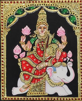 Elephant Lakshhmi Tanjore Painting 12 inches by 10 inches - Frame size extra