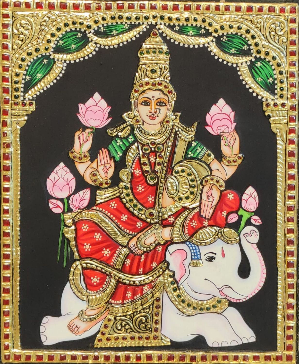 Elephant Lakshmi Tanjore painting 12 inches by 15 inches - frame size extra