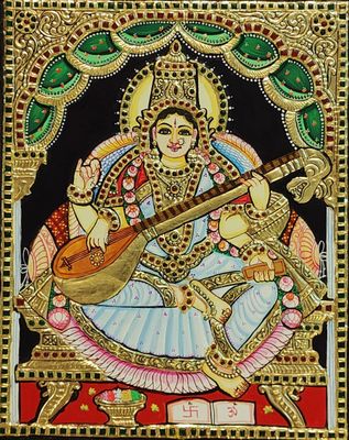 Saraswathi Tanjore painting 12 inches by 15 inches - frame size extra