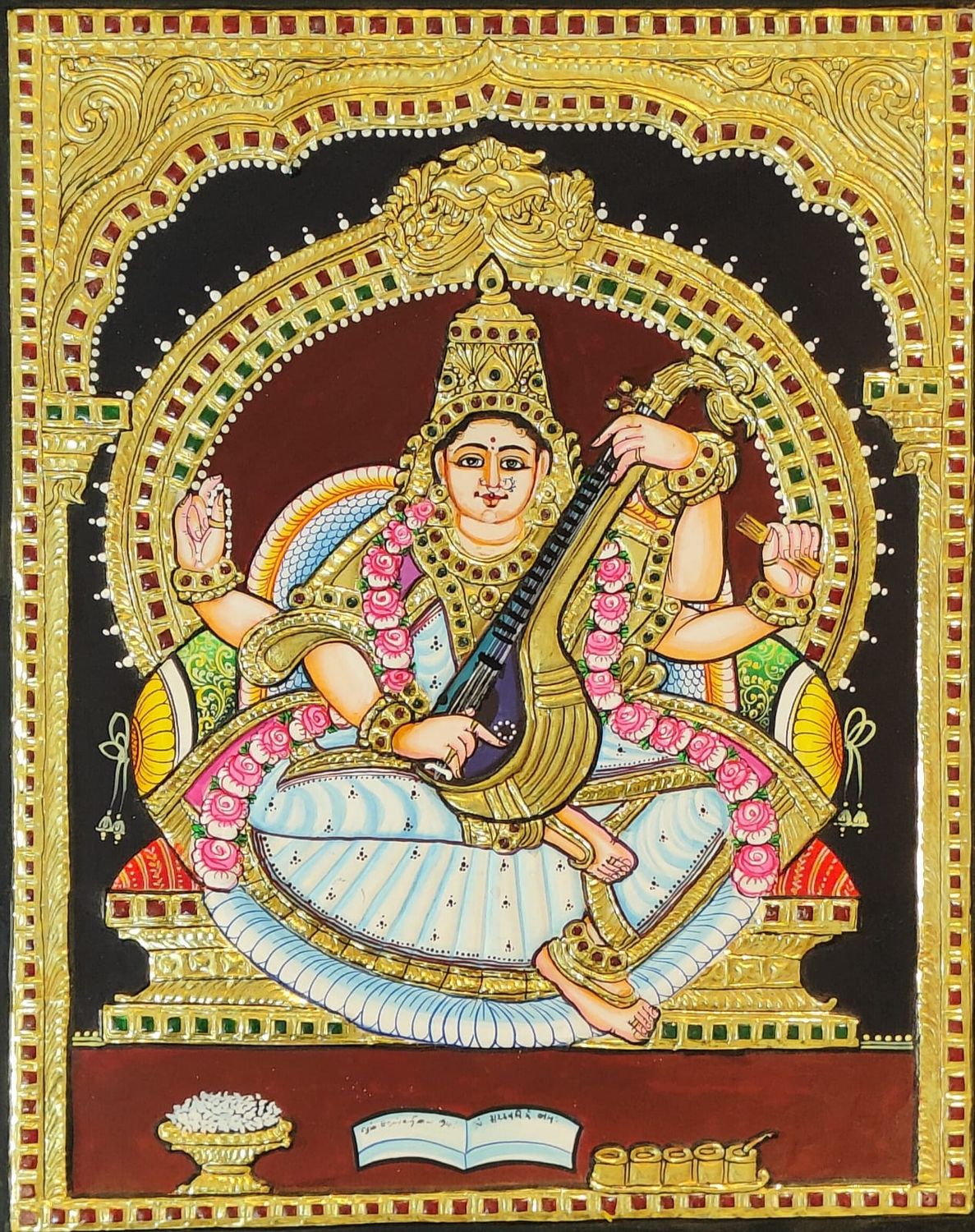 Saraswathi Tanjore painting 12 inches by 15 inches - frame size extra