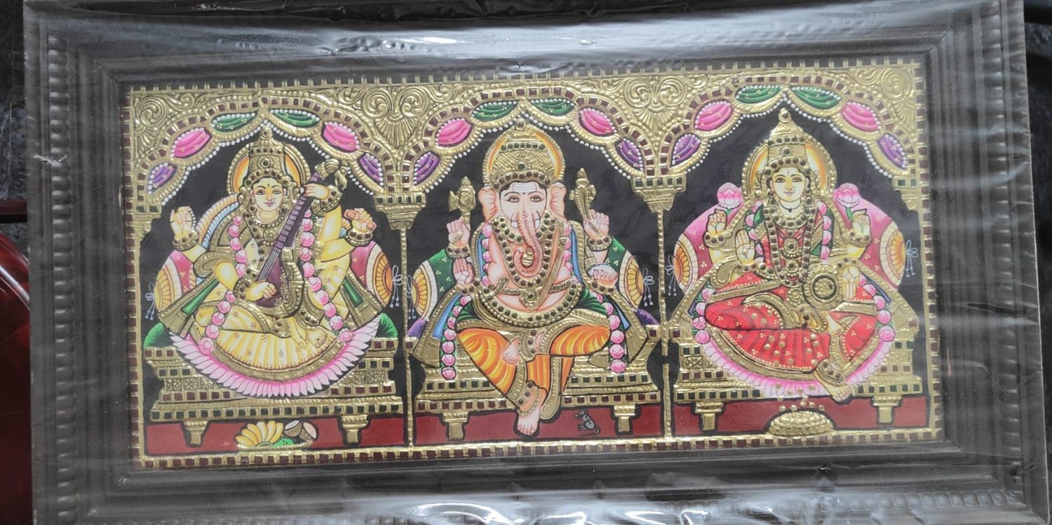 Ganesha Lakshmi Saraswathi Tanjore Painting - 12 inches by 24 inches - Frame size Extra