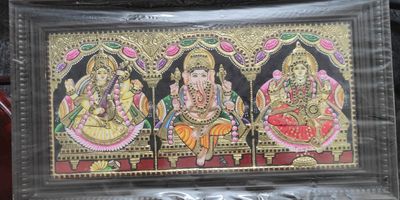 Ganesha Lakshmi Saraswathi Tanjore Painting - 12 inches by 24 inches - Frame size Extra
