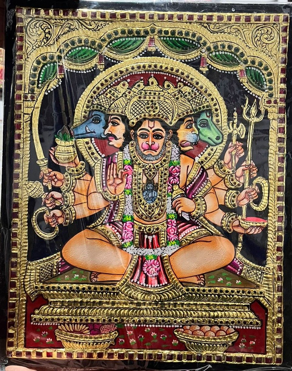 Pancha Muga Hanuman Tanjore painting 12 inches by 15 inches - frame size extra