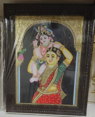 Yashodha Krishna Tanjore Painting - 18 inches by 24 inches - Frame Size Extra
