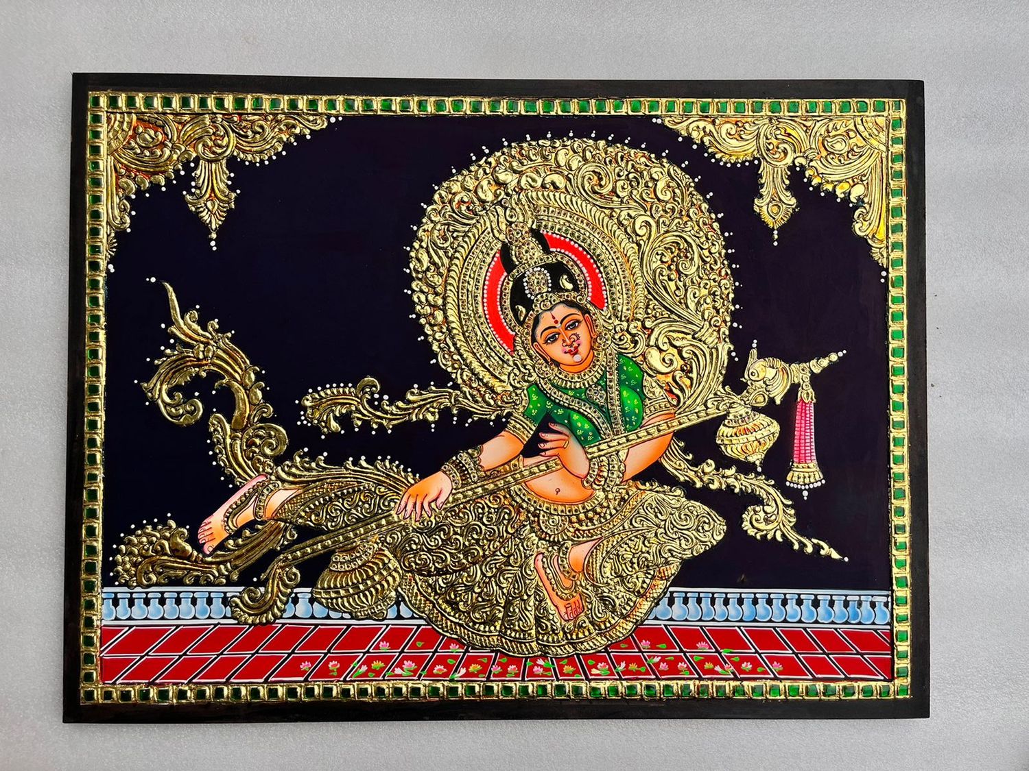 Floor Saraswathi Tanjore Painting - 18 inches by 24 inches - Frame Size Extra