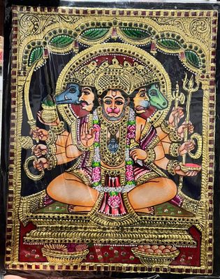 Pancha Muga Hanuman Tanjore painting 12 inches by 15 inches - frame size extra