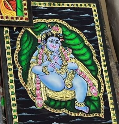 Allilai Krishna Tanjore Painting 12 inches by 10 inches - Frame size extra