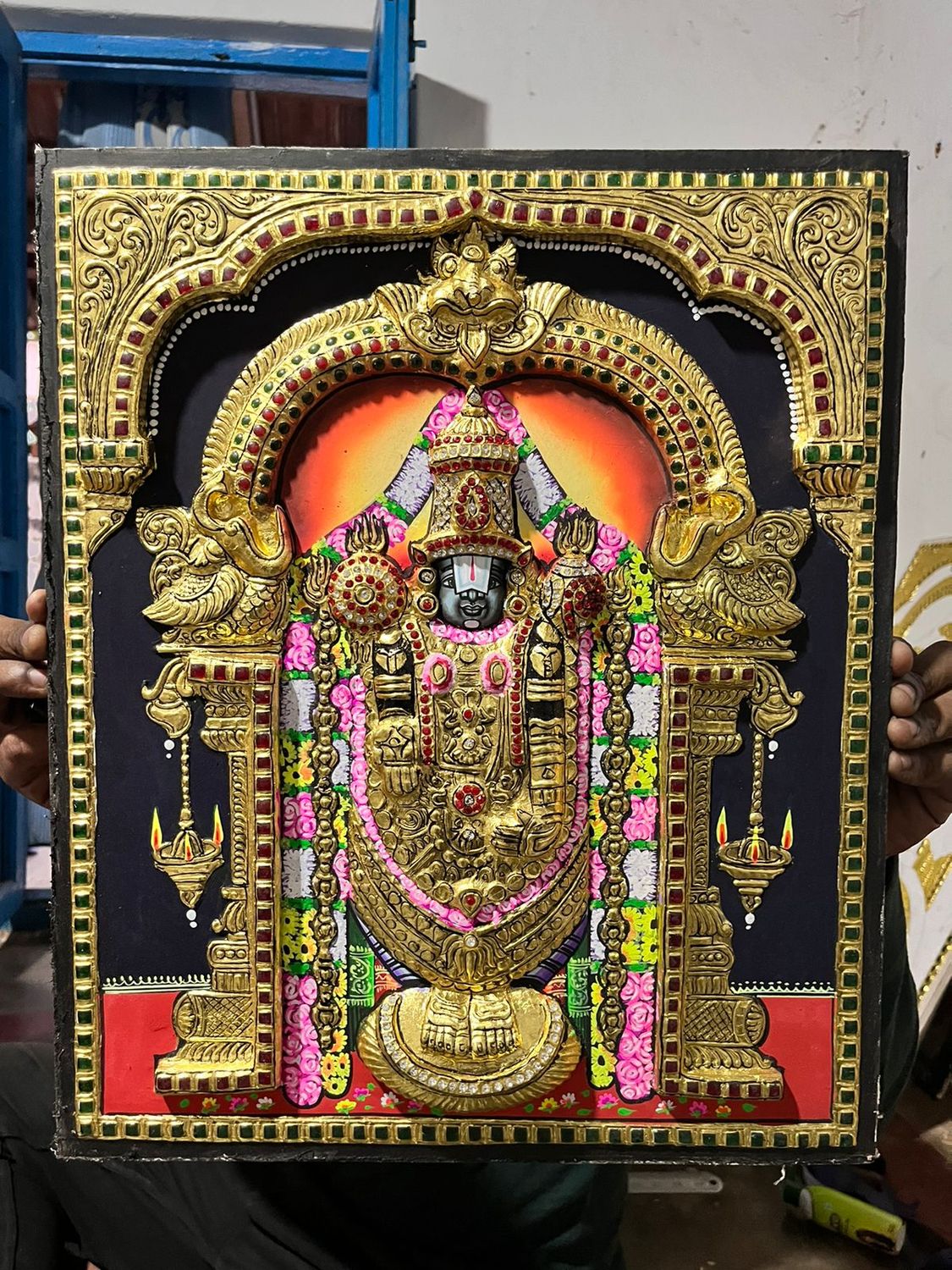 High Embossing Venkteshwara tanjore painting  Tanjore Painting 15 inches by 18 inches - frame size extra