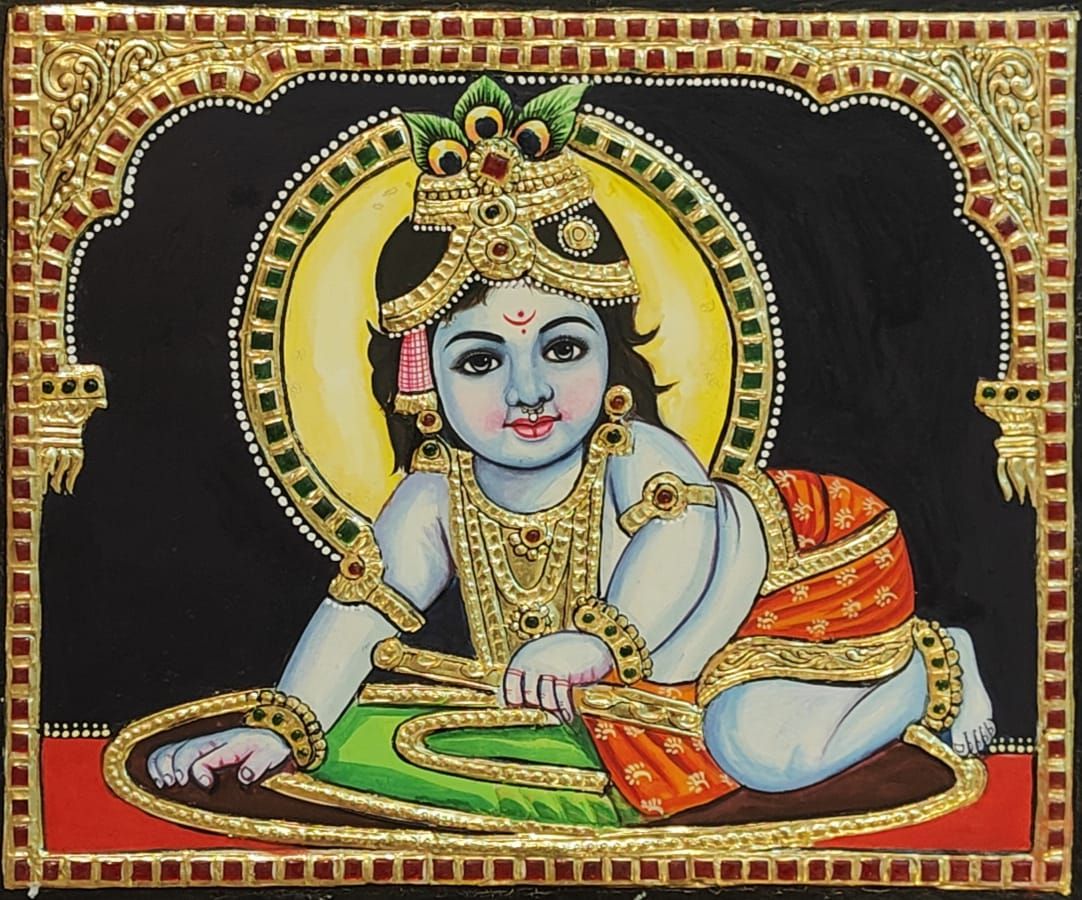 Krishna Tanjore Painting 12 inches by 10 inches - frame size extra