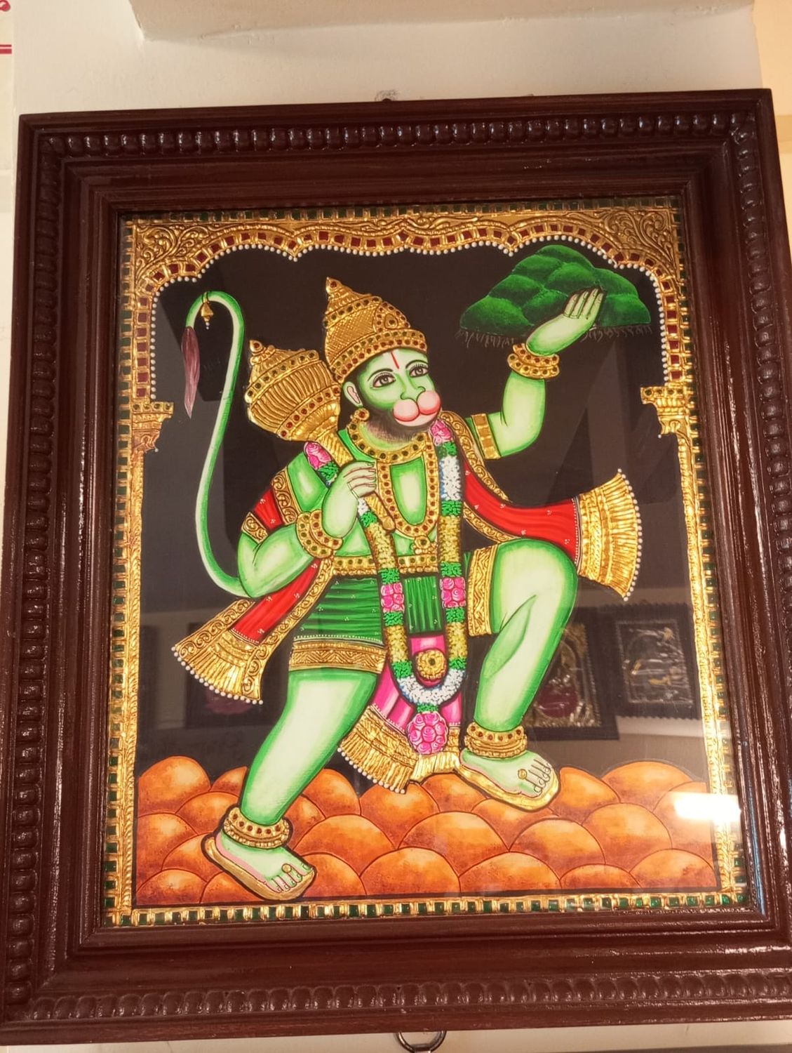 Sanjeevini Hanuman Tanjore Painting 15 inches by 18 inches - frame size extra