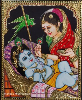 Bala Krishna with Yashoda Tanjore painting