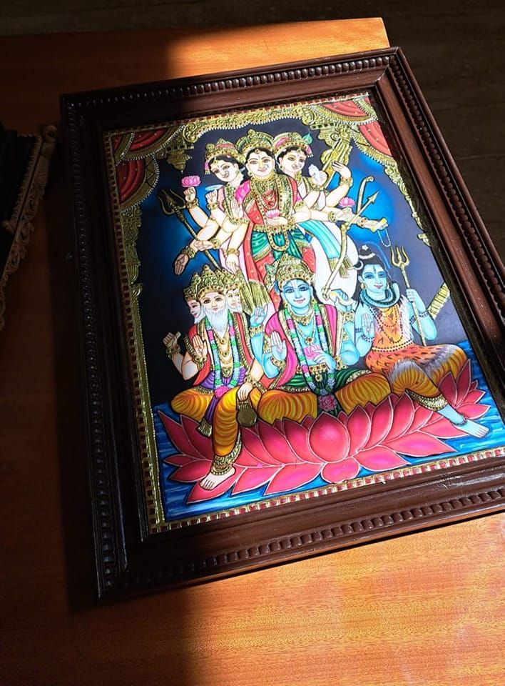 Tridevi and trimurthi Tanjore painting