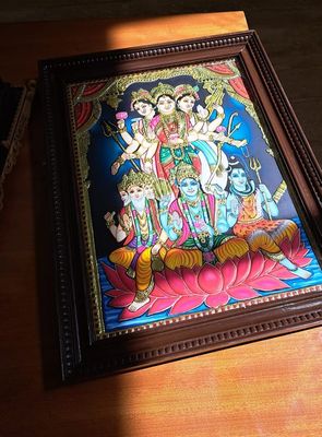 Tridevi and trimurthi Tanjore painting