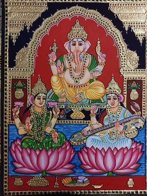 Ganesha Lakshmi Saraswathi Tanjore painting