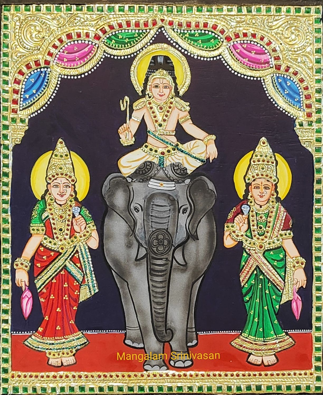 Perungalur (Near Pudukkottai) Sri Poorna, Sri Pushkala samedha Sri Malayamarungar Swamy Thanjavur Painting