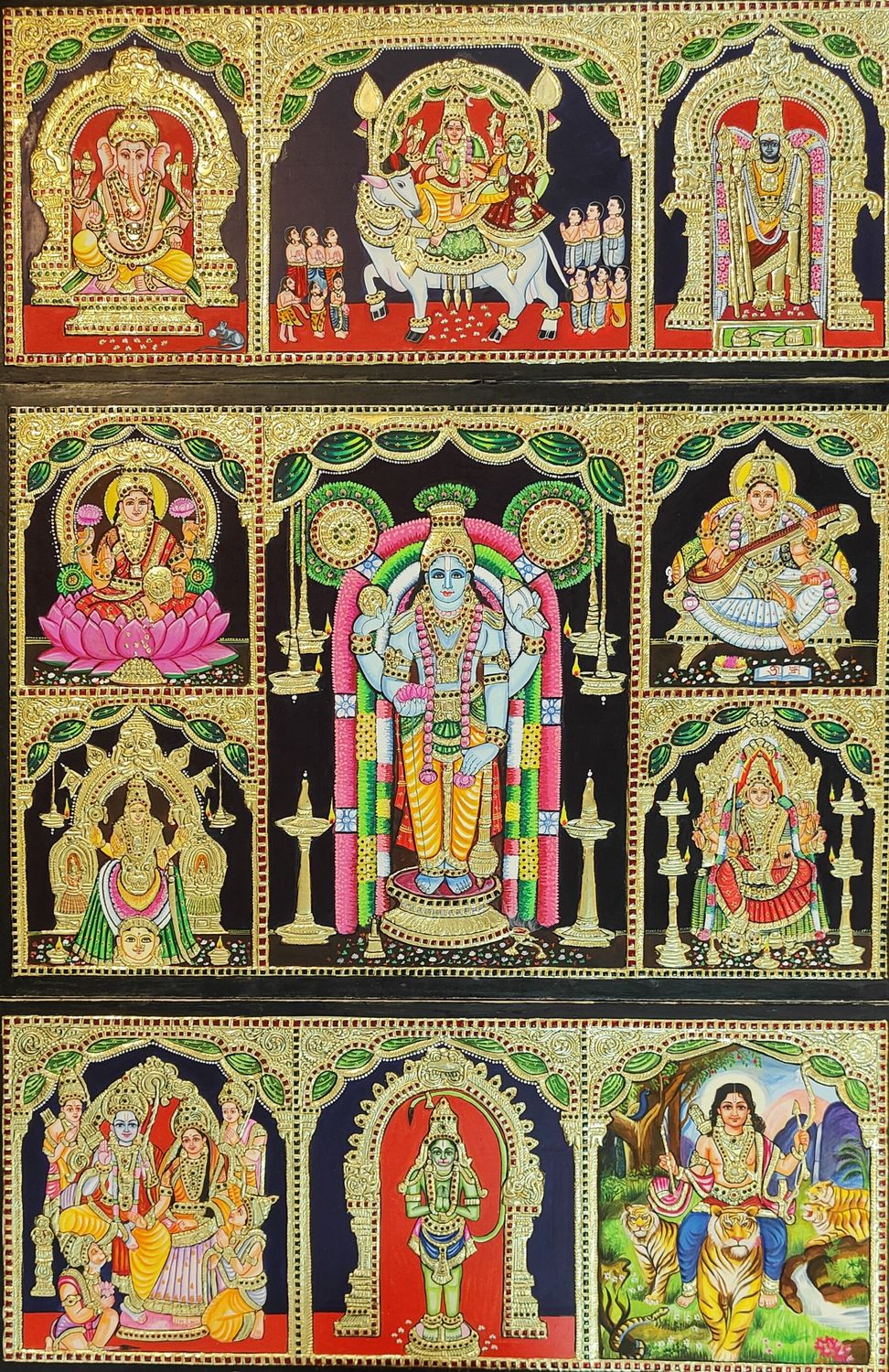 Panel Tanjore Painting - 3 panel with Gopuram